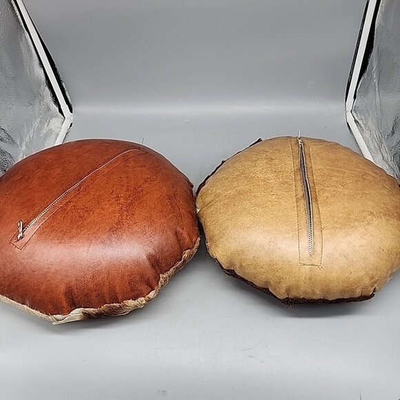 Vintage Set Of 2 Beautiful Round fur patchwork pillows Leather Back 12" - Picture 6 of 7